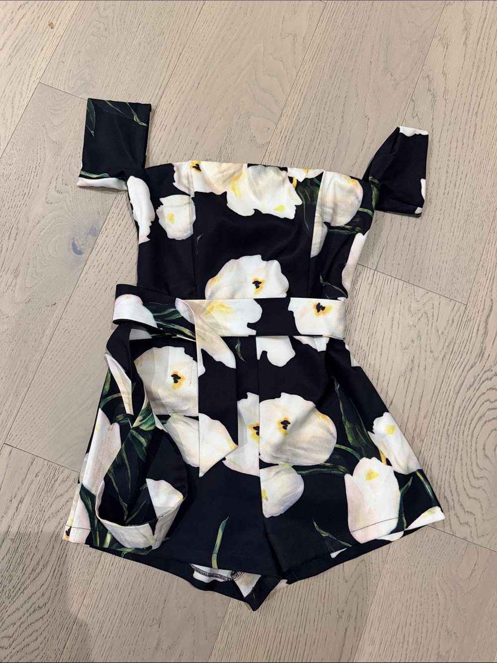 Black Floral Off-Shoulder One-Piece Romper
